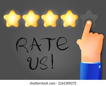 Hand placing shining stars rating. Vector illustration of a person leaving feedback on the servants. Rate us!