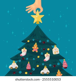 Hand placing star on top of New Year tree. Home decoration. Christmas card. Vector illustration