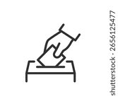 Hand placing vote in ballot box, linear icon. Election, referendum, or democratic process. Line with editable stroke.