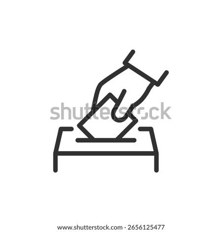 Hand placing vote in ballot box, linear icon. Election, referendum, or democratic process. Line with editable stroke.