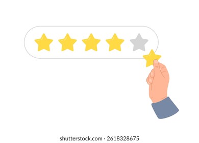 A hand placing a yellow star in a rating system of five stars, with one star unfilled. The background is white, emphasizing the rating concept.