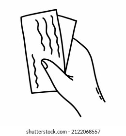 Hand with plane ticket. Vector doodle illustration. Line icon. Sticker. Traveling by train.