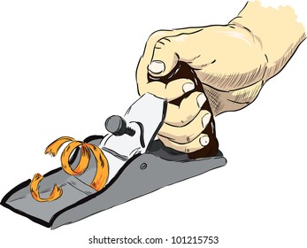 The hand with the plane. Vector illustration of a carpenter's tool.