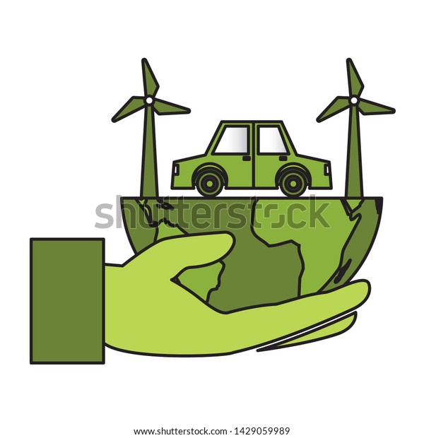 hand planet car windmill eco friendly\
environment vector\
illustration