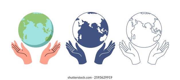 Hand and Planet Earth. Cartoon flat illustration. Line and black silhouette. Ecological help, protecting world, nature conservation. Emblem or logotype design. Vector environment care concept