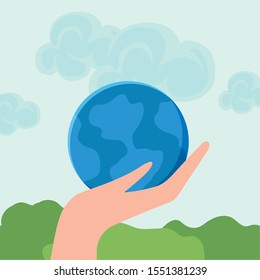 hand with planet earth in landscape vector illustration design