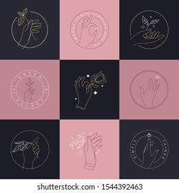 Hand with plant branch, ring and flowers logo design template. Sign, emblem, symbol for eco, wedding, cosmetics, jewellery, beauty and handmade products, tattoo studios. Trendy linear minimal style. V
