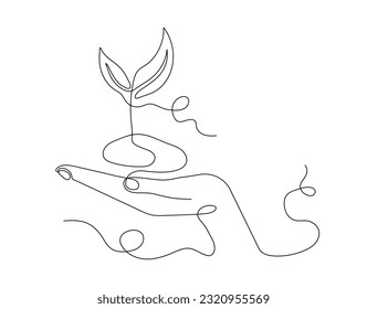 Mano con el concepto de línea continua de planta. Biología y botánica, cuidado de la naturaleza, ecología y medio ambiente. Creatividad minimalista y arte. Ilustración lineal lineal vectorial aislada en fondo blanco