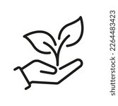 Hand with plant. ECO friendly icon. Plant in hand. Hand holding plant. ECO world. Ecological concept icon. EPS 10