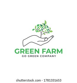 Hand with plant for green farm logo minimalist vector