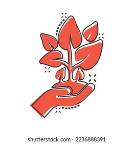 Hand with plant icon in comic style. Flower sprout cartoon vector illustration on white isolated background. Environmental protection splash effect sign business concept.