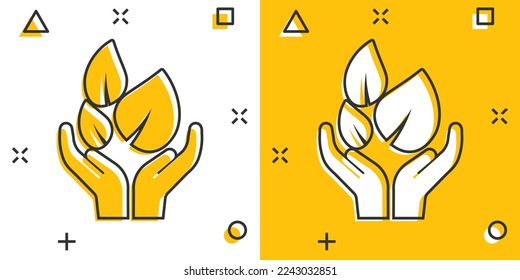 Hand with plant icon in comic style. Flower sprout cartoon vector illustration on white isolated background. Environmental protection splash effect sign business concept.