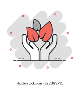 Hand with plant icon in comic style. Flower sprout cartoon vector illustration on white isolated background. Environmental protection splash effect sign business concept.