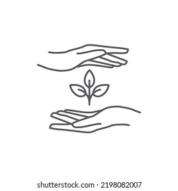 Hand und Pflanzensymbol-Design. Pflanzenblatt Piktogramm. Saatgut und handlineares Logo. Baum in der Hand, Vektorgrafik. Vektorgrafik