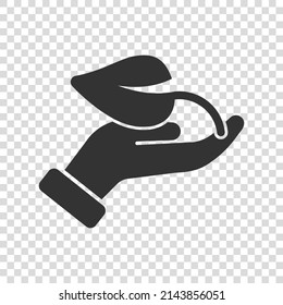 Hand with plant icon in flat style. Flower sprout vector illustration on white isolated background. Environmental protection sign business concept.