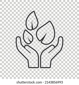 Hand with plant icon in flat style. Flower sprout vector illustration on white isolated background. Environmental protection sign business concept.