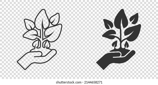 Hand with plant icon in flat style. Flower sprout vector illustration on white isolated background. Environmental protection sign business concept.