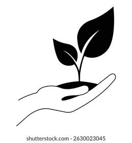 Mão com ícone de planta. Vetor de ícone de planta na mão. Mão segurando mudas com folhas ou ícone de planta. ícone de ecologia em preto sobre fundo branco. ilustração vetorial.