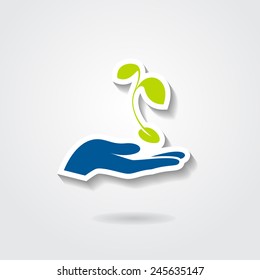 Hand and plant isolated on white background. Vector illustration