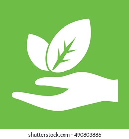hand with plant leaf eco bio care icon simple white on green background