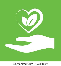 hand with plant leaf eco bio care love icon simple white on green background