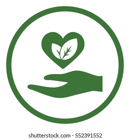 hand with plant leaf eco bio care love icon simple in circle