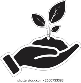 Hand with plant and leaf icon representing nurturing nature, eco-awareness and green energy gesture with transparent background
