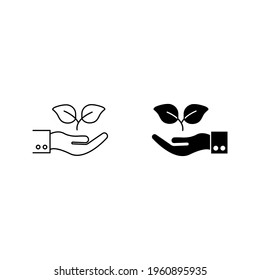 Hand with plant line and glyph icon, ecology and energy, eco friendly sign, vector graphics, a linear pattern color editable