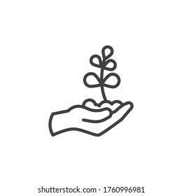 Hand mit dem Symbol der Pflanze. lineares Stilzeichen für mobiles Konzept und Webdesign. Hand mit Sprossen in der Bodenlinie Vektorsymbol. Ökologie-Symbol, Logo-Abbildung. Vektorgrafik
