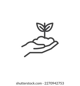 Hand with plant line icon. linear style sign for mobile concept and web design. Hand holding sprout outline vector icon. Growth symbol, logo illustration. Vector graphics