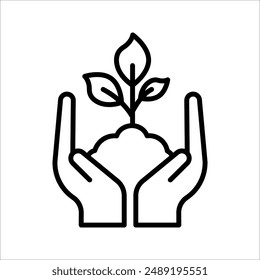 Mano con el icono de la línea de planta, signo de estilo lineal para el concepto móvil y el Diseño web, mano sosteniendo el icono del Vector del contorno del brote, símbolo del crecimiento, ilustración del logotipo.