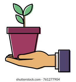 hand with plant in pot icon