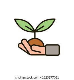 hand with plant soil growth nature drawing vector illustration