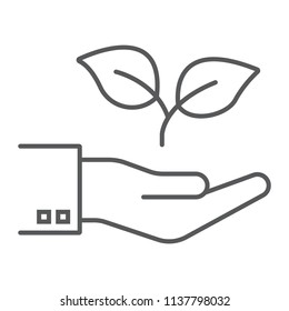 Hand with plant thin line icon, ecology and energy, eco friendly sign, vector graphics, a linear pattern on a white background, eps 10.