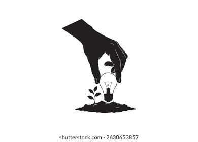Hand Planting Light Bulb Idea Silhouette Illustration - Creative Energy Growth Silhouette Art
