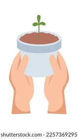 hand planting plants in rich soil flat icon. Vector illustration