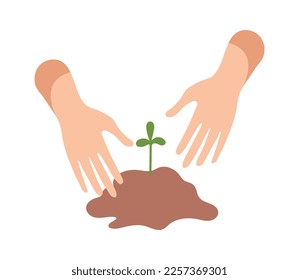 hand planting plants in rich soil flat icon. Vector illustration