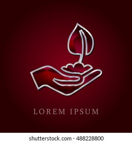 Hand Planting Red Crystal Ruby with Silver Precious Jewel Icon / Logo Design