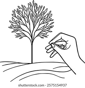 Hand Planting a Seedling Tree, Inspiring Growth. planting, seedling, tree, hand, growth, nature, garden, agriculture, nurturing, environmentalism, sustainability, hope, education, illustration