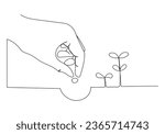 Hand planting seeds in continuous one line art style. Concept of gardening. Simple vector illustration