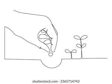 Plantar semillas a mano en un continuo estilo de arte de una línea. Concepto de jardinería. Ilustración vectorial simple