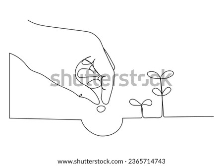 Hand planting seeds in continuous one line art style. Concept of gardening. Simple vector illustration