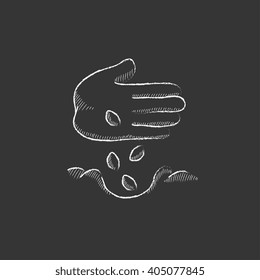 Hand planting seeds in ground. Drawn in chalk icon.