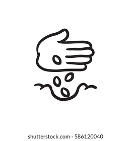 Sembrando a mano semillas en el icono de boceto de vector terrestre aislado en el fondo. Dibujaron mano plantando semillas en un icono de tierra. Plantar semillas a mano en el icono de boceto para infografía, sitio web o aplicación.