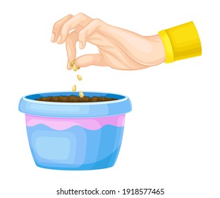 Hand Planting Seeds in Soil in Flower Pot Vector Illustration