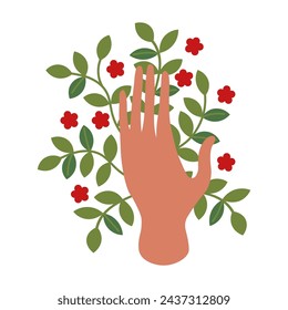 Hand and plants hand drawn flat vector illustration isolated background. Hand palm hand close nature from pollution, save the planet, save energy, concept for Earth Day. Design element for card, print