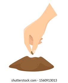 A hand plants a seed in the ground. Breeding, agricultural theme. Vector character in cartoon flat style on a white background.