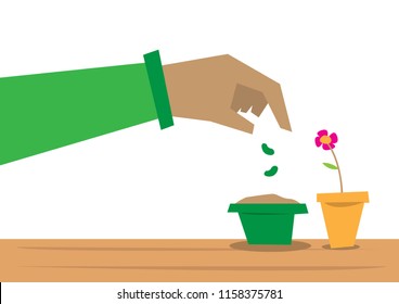 A Hand plants a seed on a pot. Editable Clip Art. 