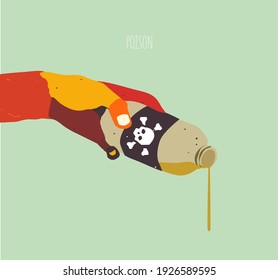 Hand with a plastic bottle with poison. Concept poisoning, intoxication. Flat vector illustration, hand drawn graphic