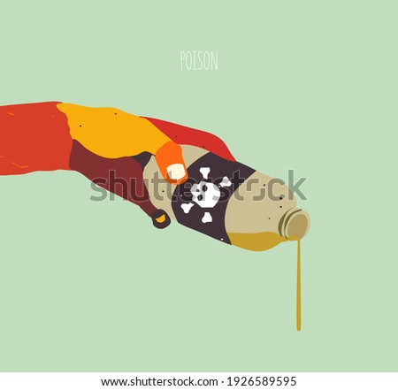 Hand with a plastic bottle with poison. Concept poisoning, intoxication. Flat vector illustration, hand drawn graphic
